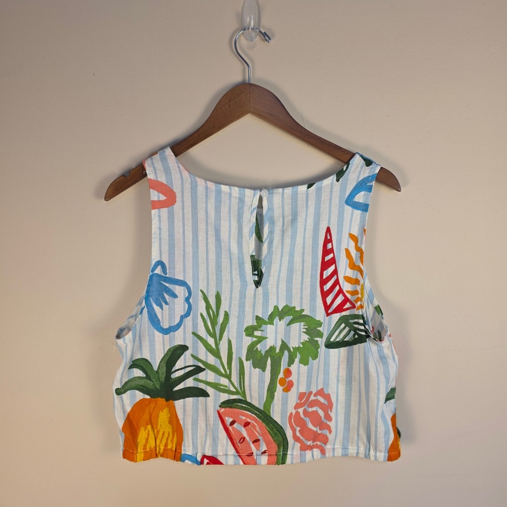 Calypso St Barth Linen Blend Tropical Fruit Stripe Crop Top Blue White‎ Large - Picture 2 of 7